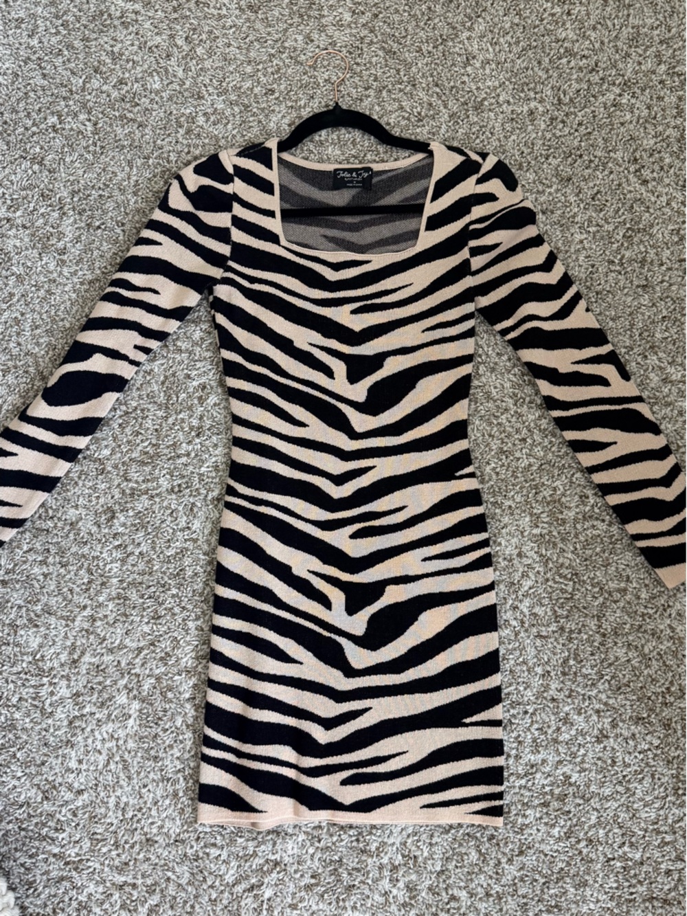 Square Neck Long Sleeve Zebra Print Knit Dress in Beige & Black
